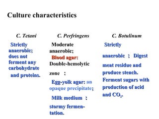 C. Tetani C. Perfringens C. Botulinum
StrictlyStrictly
anaerobicanaerobic;;
does notdoes not
ferment anyferment any
carbohydratecarbohydrate
and proteins.and proteins.
ModerateModerate
anaerobicanaerobic;;
Blood agar:Blood agar:
Double-hemolytic
zone ；；
Egg-yolk agar:Egg-yolk agar: an
opaque precipitate;;
Milk mediumMilk medium ：：
stormy fermen-stormy fermen-
tation.tation.
StrictlyStrictly
anaerobicanaerobic ；； DigestDigest
meat residuemeat residue andand
produce stenchproduce stench..
Ferment sugarsFerment sugars withwith
production of acidproduction of acid
and COand CO22..
Culture characteristics
 
