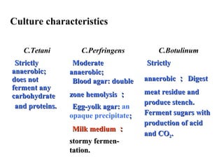 C.Tetani C.Perfringens C.Botulinum
StrictlyStrictly
anaerobicanaerobic;;
does notdoes not
ferment anyferment any
carbohydratecarbohydrate
and proteins.and proteins.
ModerateModerate
anaerobicanaerobic;;
Blood agar: doubleBlood agar: double
zone hemolysiszone hemolysis ；；
Egg-yolk agar:Egg-yolk agar: an
opaque precipitate;;
Milk mediumMilk medium ：：
stormy fermen-stormy fermen-
tation.tation.
StrictlyStrictly
anaerobicanaerobic ；； DigestDigest
meat residuemeat residue andand
produce stenchproduce stench..
Ferment sugarsFerment sugars withwith
production of acidproduction of acid
and COand CO22..
Culture characteristics
 