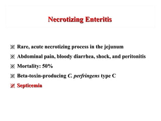 ※※ Rare, acute necrotizing process in the jejunumRare, acute necrotizing process in the jejunum
※※ Abdominal pain, bloody diarrhea, shock, and peritonitisAbdominal pain, bloody diarrhea, shock, and peritonitis
※※ Mortality: 50%Mortality: 50%
※※ Beta-toxin-producingBeta-toxin-producing C. perfringensC. perfringens type Ctype C
※※ SepticemiaSepticemia
Necrotizing EnteritisNecrotizing Enteritis
 