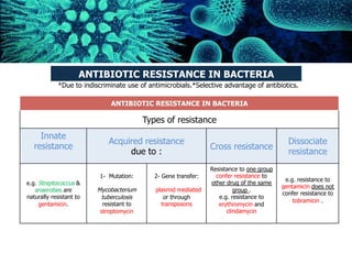 ANTIBIOTIC RESISTANCE IN BACTERIA
*Due to indiscriminate use of antimicrobials.*Selective advantage of antibiotics.
ANTIBIOTIC RESISTANCE IN BACTERIA
Types of resistance
Innate
resistance
Acquired resistance
due to :
Cross resistance
Dissociate
resistance
e.g. Streptococcus &
anaerobes are
naturally resistant to
gentamicin.
1- Mutation:
Mycobacterium
tuberculosis
resistant to
streptomycin
2- Gene transfer:
plasmid mediated
or through
transposons
Resistance to one group
confer resistance to
other drug of the same
group .
e.g. resistance to
erythromycin and
clindamycin
e.g. resistance to
gentamicin does not
confer resistance to
tobramicin .
 