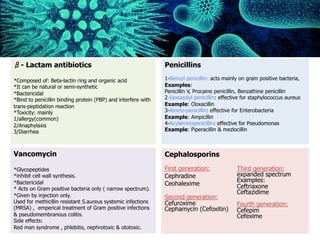 β- Lactam antibiotics
*Composed of: Beta-lactin ring and organic acid
*It can be natural or semi-synthetic
*Bactericidal
*Bind to penicillin binding protein (PBP) and interfere with
trans-peptidation reaction
*Toxicity: mainly
1/allergy(common)
2/Anaphylaxis
3/Diarrhea
Penicillins
1-Benzyl penicillin: acts mainly on gram positive bacteria,
Examples:
Penicillin V, Procaine penicillin, Benzathine penicillin
2-Isoxazolyl penicillin: effective for staphylococcus aureus
Example: Cloxacillin
3-Amino-penicillin: effective for Enterobacteria
Example: Ampicillin
4-Acylaminopenicillin: effective for Pseudomonas
Example: Piperacillin & mezlocillin
Cephalosporins
First generation:
Cephradine
Ceohalexime
Second generation:
Cefuroxime
Cephamycin (Cefoxitin)
Vancomycin
*Glycopeptides
*inhibit cell wall synthesis.
*Bactericidal
* Acts on Gram positive bacteria only ( narrow spectrum).
*Given by injection only.
Used for methicillin resistant S.aureus systemic infections
(MRSA) , emperical treatment of Gram positive infections
& pseudomembranous colitis.
Side effects:
Red man syndrome , phlebitis, nephrotoxic & ototoxic.
Third generation:
expanded spectrum
Examples:
Ceftriaxone
Ceftazidime
Fourth generation:
Cefepim
Cefexime
 