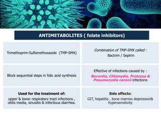 ANTIMETABOLITES ( folate inhibitors)
Used for the treatment of:
upper & lower respiratory tract infections ,
otitis media, sinusitis & infectious diarrhea.
Block sequential steps in folic acid synthesis
Combination of TMP-SMX called :
Bactrim / Septrin
Trimethoprim-Sulfamethoxazole (TMP-SMX)
Effective of infections caused by :
Nocardia, Chlamydia, Protozoa &
Pneumocystis caranii infections
Side effects:
GIT, hepatitis , bone marrow depression&
hypersensitivity
 