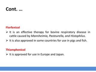 Cont. …
Florfenicol
 It is an effective therapy for bovine respiratory disease in
cattle caused by Mannheimia, Pasteurella, and Histophilus.
 It is also approved in some countries for use in pigs and fish.
Thiamphenicol
 It is approved for use in Europe and Japan.
 