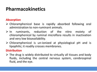Pharmacokinetics
Absorption
 Chloramphenicol base is rapidly absorbed following oral
administration to non-ruminant animals.
 In ruminants, reduction of the nitro moiety of
chloramphenicol by ruminal microflora results in inactivation
and very low bioavailability.
 Chloramphenicol is un-ionized at physiological pH and is
lipophilic; it readily crosses membranes.
Distribution
 The drug is widely distributed to virtually all tissues and body
fluids, including the central nervous system, cerebrospinal
fluid, and the eye.
 
