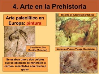4. Arte en la Prehistoria
Arte paleolítico en
Europa: pintura

Caballo en Tito
Bustillo (Asturias)

Se usaban uno o dos colores
que se obtenían de minerales o
carbón, mezclados con resina o
grasa.

Bisonte en Altamira (Cantabria)

Manos en Puente Viesgo (Cantabria)

 