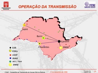 OPERAÇÃO DA TRANSMISSÃO




                          Jupiá


                                                Bariri

                                                                             B.Jardim

           COS                                    Chavantes                     EMAE
           COGs

           CESP
           DUKE
           AES / Tietê

            EMAE


CTEEP – Companhia de Transmissão de Energia Elétrica Paulista   15 de dezembro de 2006   30
 