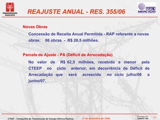 REAJUSTE ANUAL - RES. 355/06

             Novas Obras
                   Concessão de Receita Anual Permitida - RAP referente a novas
                   obras:         06 obras - R$ 20,5 milhões.


             Parcela de Ajuste - PA (Déficit de Arrecadação)
                   No valor de                  R$ 62,5 milhões, recebida a menor                  pela
                   CTEEP            no       ciclo        anterior, em decorrência de Déficit de
                   Arrecadação que                      será    acrescido          no ciclo julho/06   a
                   junho/07.




CTEEP – Companhia de Transmissão de Energia Elétrica Paulista   15 de dezembro de 2006                     51
 