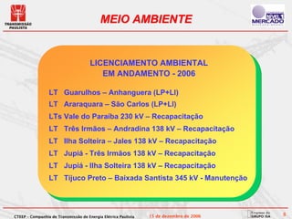 MEIO AMBIENTE


                                      LICENCIAMENTO AMBIENTAL
                                         EM ANDAMENTO - 2006

                 LT Guarulhos – Anhanguera (LP+LI)
                 LT Araraquara – São Carlos (LP+LI)
                 LTs Vale do Paraíba 230 kV – Recapacitação
                 LT Três Irmãos – Andradina 138 kV – Recapacitação
                 LT Ilha Solteira – Jales 138 kV – Recapacitação
                 LT Jupiá - Três Irmãos 138 kV – Recapacitação
                 LT Jupiá - Ilha Solteira 138 kV – Recapacitação
                 LT Tijuco Preto – Baixada Santista 345 kV - Manutenção




CTEEP – Companhia de Transmissão de Energia Elétrica Paulista   15 de dezembro de 2006   8
 
