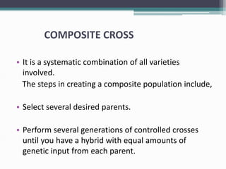 COMPOSITE CROSS
• It is a systematic combination of all varieties
involved.
The steps in creating a composite population include,
• Select several desired parents.
• Perform several generations of controlled crosses
until you have a hybrid with equal amounts of
genetic input from each parent.
 
