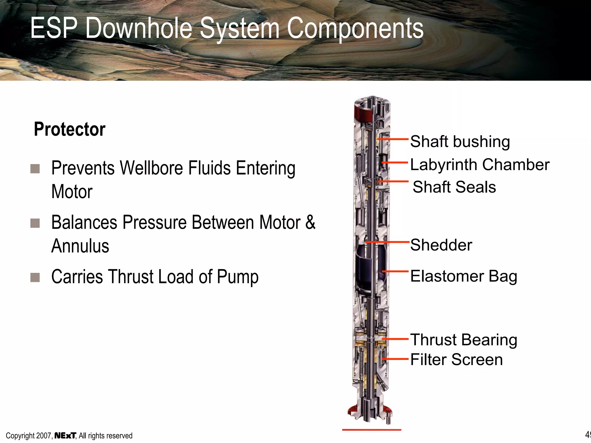 Copyright 2007, , All rights reserved 49
ESP Downhole System Components
 Prevents Wellbore Fluids Entering
Motor
 Balances Pressure Between Motor &
Annulus
 Carries Thrust Load of Pump
Shaft bushing
Labyrinth Chamber
Shaft Seals
Thrust Bearing
Filter Screen
Shedder
Elastomer Bag
Protector
 