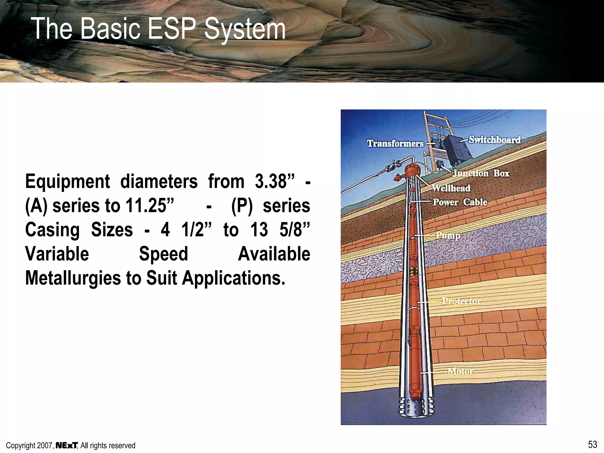 Copyright 2007, , All rights reserved 53
The Basic ESP System
Equipment diameters from 3.38” -
(A) series to 11.25” - (P) series
Casing Sizes - 4 1/2” to 13 5/8”
Variable Speed Available
Metallurgies to Suit Applications.
 