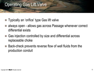 Copyright 2007, , All rights reserved 11
Operating Gas Lift Valve
 Typically an ‘orifice’ type Gas lift valve
 always open - allows gas across Passage whenever correct
differential exists
 Gas injection controlled by size and differential across
replaceable choke
 Back-check prevents reverse flow of well fluids from the
production conduit
 