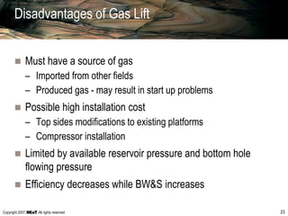 Copyright 2007, , All rights reserved 23
Disadvantages of Gas Lift
 Must have a source of gas
– Imported from other fields
– Produced gas - may result in start up problems
 Possible high installation cost
– Top sides modifications to existing platforms
– Compressor installation
 Limited by available reservoir pressure and bottom hole
flowing pressure
 Efficiency decreases while BW&S increases
 