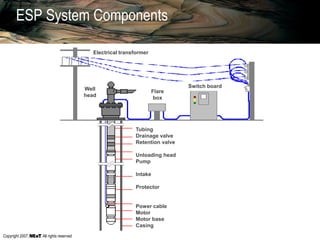 Copyright 2007, , All rights reserved
ESP System Components
Electrical transformer
Well
head
Flare
box
Switch board
Tubing
Drainage valve
Retention valve
Unloading head
Pump
Intake
Protector
Power cable
Motor
Motor base
Casing
 