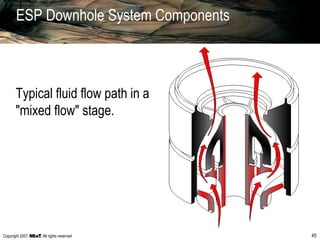 Copyright 2007, , All rights reserved 45
ESP Downhole System Components
Typical fluid flow path in a
"mixed flow" stage.
 