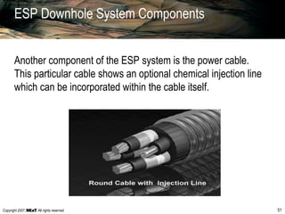 Copyright 2007, , All rights reserved 51
ESP Downhole System Components
Another component of the ESP system is the power cable.
This particular cable shows an optional chemical injection line
which can be incorporated within the cable itself.
 
