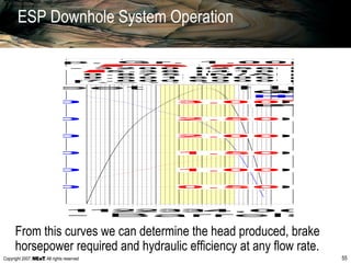 Copyright 2007, , All rights reserved 55
ESP Downhole System Operation
From this curves we can determine the head produced, brake
horsepower required and hydraulic efficiency at any flow rate.
R E D
R e v . B
S N 2 6 0 0 6P u m p P- S p . G r . 1 . 0 0
O p t i m u m O p
N o m i n a l H o u
S h a f t D i a m e
S h a f t C r o s s
M i n i m u m C a
6 0 0 - 3 2 0 0
5 . 3 8
0 . 8 7 5
0 . 6 0 1
7 . 0 0 0
b p d
i n c h e s
i n c h e s
i n 2
i n c h e s
S h a f t B r
H o u s i n g
S t a n d
H i g h S
S t a n d
B u t t r e
W e l d e
2 5 6
4 1 0
N / A
6 0 0 0
6 0 0 0
H p
H p
p s i
p s i
p s i
05 0 01 , 0 0 01 , 5 0 02 , 0 0 02 , 5 0 03 , 0 0 03 , 5 0 04 , 0 0 0
R E D
R e v . B
S N 2 6 0 0 6P u m p P- S p . G r . 1 . 0 0
O p t i m u m O p
N o m i n a l H o u
S h a f t D i a m e
S h a f t C r o s s
M i n i m u m C a
6 0 0 - 3 2 0 0
5 . 3 8
0 . 8 7 5
0 . 6 0 1
7 . 0 0 0
b p d
i n c h e s
i n c h e s
i n 2
i n c h e s
S h a f t B r
H o u s i n g
S t a n d
H i g h S
S t a n d
B u t t r e
W e l d e
2 5 6
4 1 0
N / A
6 0 0 0
6 0 0 0
H p
H p
p s i
p s i
p s i
EffHpFeet
ty - Barrels p
1 0 %
2 0 %
3 0 %
4 0 %
5 0 %
6 0 %
B
Q= 2 5
H= 4 6
P= 1 .
E= 6 8
1 0
2 0
3 0
4 0
5 0
6 0
0 . 5 0
1 . 0 0
1 . 5 0
2 . 0 0
2 . 5 0
3 . 0 0
 