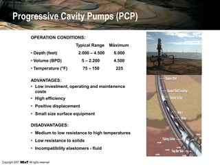Copyright 2007, , All rights reserved
OPERATION CONDITIONS:
Typical Range Máximum
• Depth (feet) 2.000 – 4.500 6.000
• Volume (BPD) 5 – 2.200 4.500
• Temperature (°F) 75 – 150 225
ADVANTAGES:
• Low investment, operating and maintenence
costs
• High efficiency
• Positive displacement
• Small size surface equipment
DISADVANTAGES:
• Medium to low resistance to high temperatures
• Low resistance to solids
• Incompatibility elastomers - fluid
Progressive Cavity Pumps (PCP)
 
