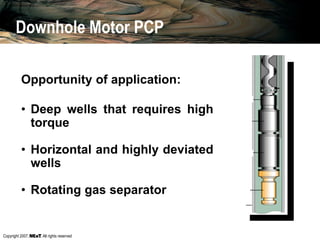 Copyright 2007, , All rights reserved
Opportunity of application:
• Deep wells that requires high
torque
• Horizontal and highly deviated
wells
• Rotating gas separator
Downhole Motor PCP
 