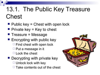 13.1. The Public Key Treasure
Chest
   Public key = Chest with open lock
   Private key = Key to chest
   Treasure = Message
   Encrypting with public key
     Find chest with open lock
     Put a message in it
     Lock the chest
   Decrypting with private key
     Unlock lock with key
     Take contents out of the chest
 