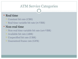 ATM Service Categories Real time Constant bit rate (CBR) Real time variable bit rate (rt-VBR) Non-real time Non-real time variable bit rate (nrt-VBR) Available bit rate (ABR) Unspecified bit rate (UBR) Guaranteed frame rate (GFR) 