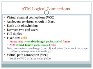 ATM Logical Connections Virtual channel connections (VCC) Analogous to virtual circuit in X.25 Basic unit of switching Between two end users Full duplex Fixed size  cells  Frame relay  :  variable-length  packets called  frames ATM  :  fixed-length  packets called  cells  Data, user-network exchange (control) and network-network exchange (network management and routing) Virtual path connection (VPC) Bundle of VCC with same end points 