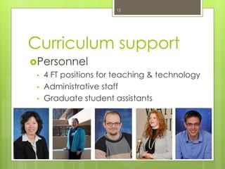 Curriculum support
Personnel
• 4 FT positions for teaching & technology
• Administrative staff
• Graduate student assistants
12
 