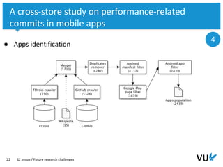 Vrije Universiteit Amsterdam
22
A cross-store study on performance-related
commits in mobile apps
S2 group / Future research challenges
4
● Apps identification
 