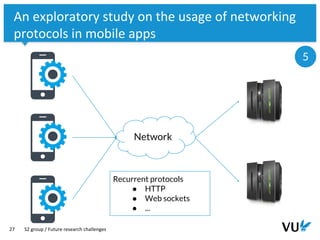 Vrije Universiteit Amsterdam
27
An exploratory study on the usage of networking
protocols in mobile apps
S2 group / Future research challenges
5
Network
Recurrent protocols
● HTTP
● Web sockets
● ...
 