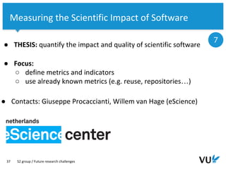 Vrije Universiteit Amsterdam
37
Measuring the Scientific Impact of Software
● THESIS: quantify the impact and quality of scientific software
S2 group / Future research challenges
7
● Focus:
○ define metrics and indicators
○ use already known metrics (e.g. reuse, repositories…)
● Contacts: Giuseppe Procaccianti, Willem van Hage (eScience)
 