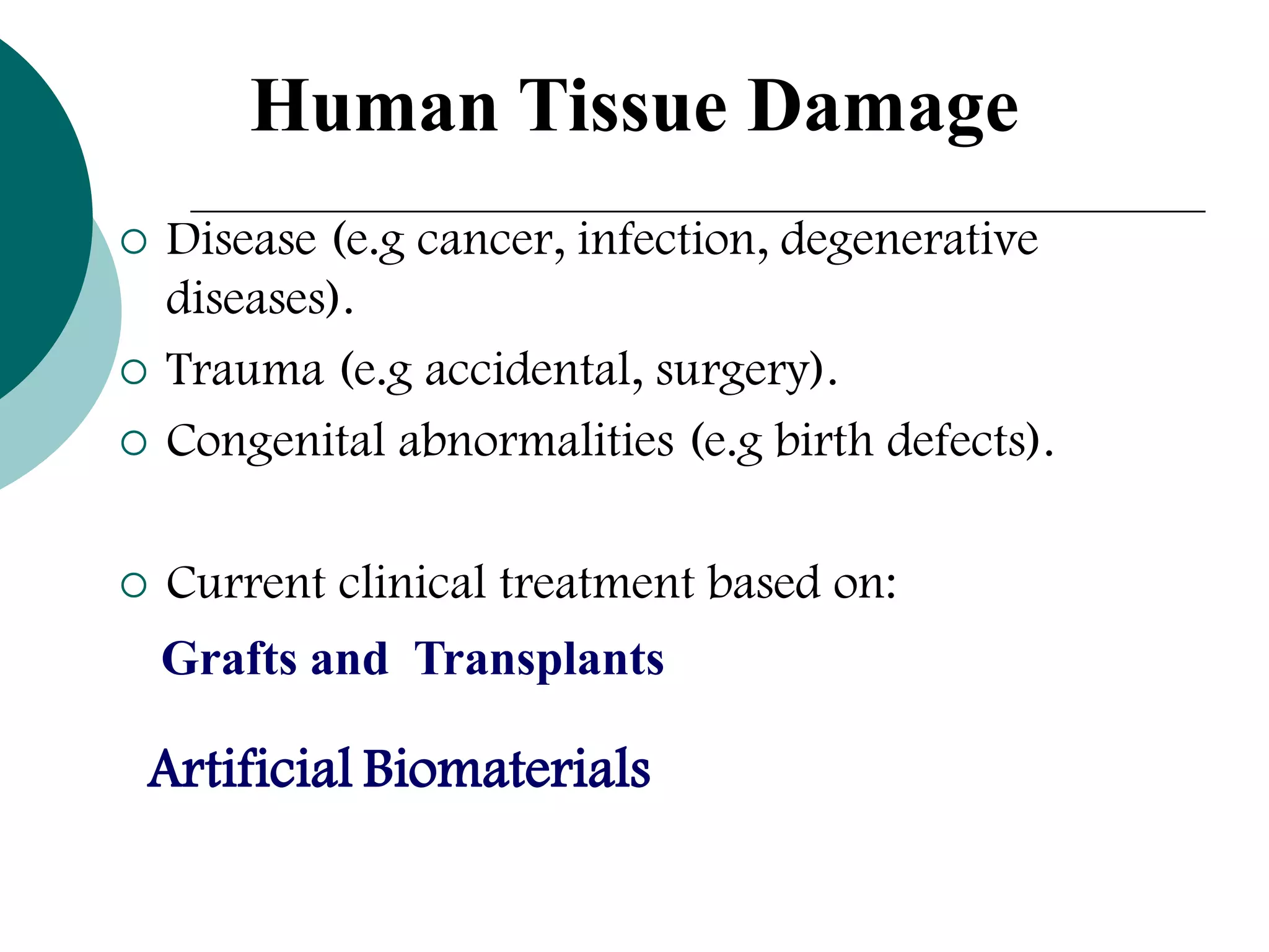 Human Tissue Damage



Disease (e.g cancer, infection, degenerative
diseases).
Trauma (e.g accidental, surgery).
Congenital abnormalities (e.g birth defects).



Current clinical treatment based on:





Grafts and Transplants

Artificial Biomaterials

 