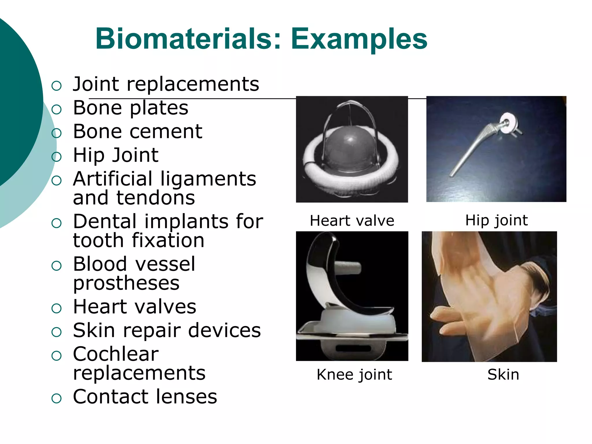 Biomaterials: Examples













Joint replacements
Bone plates
Bone cement
Hip Joint
Artificial ligaments
and tendons
Dental implants for
tooth fixation
Blood vessel
prostheses
Heart valves
Skin repair devices
Cochlear
replacements
Contact lenses

Heart valve

Knee joint

Hip joint

Skin

 