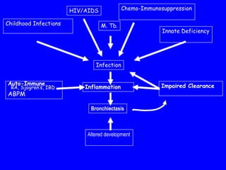 HIV/AIDS            Chemo-Immunosuppression

Childhood Infections              M. Tb.
                                                        Innate Deficiency




                               Infection


Auto-Immune                                             Impaired Clearance
 RA, Sjogren’s, IBD        Inflammation
ABPM

                             Bronchiectasis



                            Altered development
 