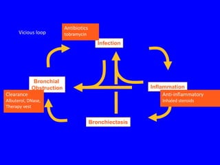 Antibiotics
      Vicious loop        tobramycin
                                           Infection




             Bronchial
            Obstruction                                  Inflammation
Clearance                                                     Anti-inflammatory
Albuterol, DNase,                                            Inhaled steroids
Therapy vest


                                        Bronchiectasis
 