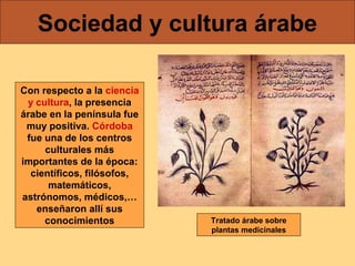 Sociedad y cultura árabe
Con respecto a la ciencia
y cultura, la presencia
árabe en la península fue
muy positiva. Córdoba
fue una de los centros
culturales más
importantes de la época:
científicos, filósofos,
matemáticos,
astrónomos, médicos,…
enseñaron allí sus
conocimientos

Tratado árabe sobre
plantas medicinales

 