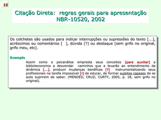 Os colchetes são usados para indicar interrupções ou supressões do texto [...], acréscimos ou comentários [  ], dúvida [?] ou destaque [sem grifo no original, grifo meu, etc]. Exemplo Assim como a psicanálise empresta seus conceitos  [para auxiliar]  a biblioteconomia a desvendar  caminhos que a levarão ao entendimento da dinâmica  [...] , produzir mudanças benéficas  [?]   instrumentalizando seus profissionais na tarefa impossível  [!]  de educar, de formar  sujeitos capazes  de se auto suprirem de saber. (MENDES; CRUZ; CURTY, 2005, p. 18, sem grifo no original). 15 Citação Direta:  regras gerais para apresentação NBR-10520, 2002 