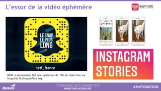 L’essor de la vidéo éphèmére
NERF a récemment fait une opération de 10h de vidéo live sur
Snapchat #LeSnapLePlusLong
 