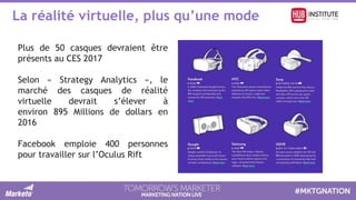 La réalité virtuelle, plus qu’une mode
Plus de 50 casques devraient être
présents au CES 2017
Selon « Strategy Analytics », le
marché des casques de réalité
virtuelle devrait s’élever à
environ 895 Millions de dollars en
2016
Facebook emploie 400 personnes
pour travailler sur l’Oculus Rift
 
