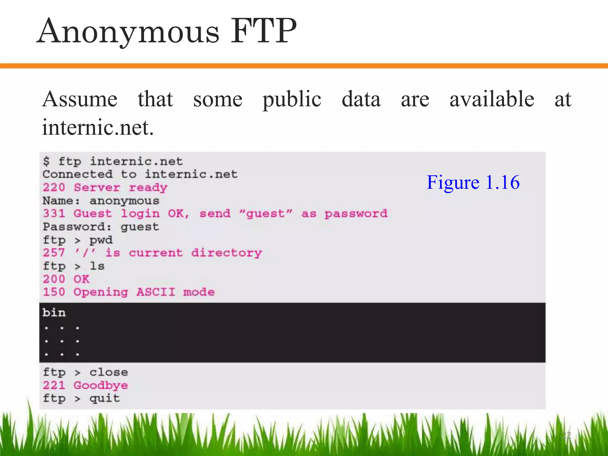 22
Assume that some public data are available at
internic.net.
Figure 1.16
Anonymous FTP
 
