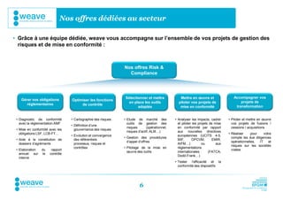 Nos offres dédiées au secteur

• Grâce à une équipe dédiée, weave vous accompagne sur l’ensemble de vos projets de gestion des
  risques et de mise en conformité :



                                                               Nos offres Risk &
                                                                 Compliance




                                                                Sélectionner et mettre             Mettre en œuvre et                 Accompagner vos
    Gérer vos obligations         Optimiser les fonctions
                                                                  en place les outils             piloter vos projets de                  projets de
       réglementaires                  de contrôle
                                                                       adaptés                     mise en conformité                  transformation


 • Diagnostic de conformité       • Cartographie des risques   • Etude de marché des            • Analyser les impacts, cadrer     • Piloter et mettre en œuvre
   avec la réglementation AMF                                    outils de gestion des            et piloter les projets de mise     vos projets de fusions /
                                  • Définition d’une
                                                                 risques       (opérationnel,     en conformité par rapport          cessions / acquisitions
 • Mise en conformité avec les      gouvernance des risques
                                                                 risques d’actif, ALM…)           aux nouvelles directives
   obligations LSF, LCB-FT…                                                                                                        • Réaliser     pour     votre
                                  • Evolution et convergence                                      européennes (UCITS 4-5,
                                                               • Gestion des procédures                                              compte les due diligences
 • Aide à la constitution de        des référentiels                                              MIF,      OPCVM,        EMIR,
                                                                 d’appel d’offres                                                    opérationnelles,   IT    et
   dossiers d’agréments             processus, risques et                                         AIFM…)           ou        aux
                                                                                                                                     risques sur les sociétés
                                    contrôles                  • Pilotage de la mise en           réglementations
 • Elaboration   du     rapport                                                                                                      visées
                                                                 œuvre des outils                 internationales       (FATCA,
   annuel sur     le   contrôle
                                                                                                  Dodd-Frank…)
   interne
                                                                                                • Tester l’efficacité et la
                                                                                                  conformité des dispositifs




                                                                         6
 
