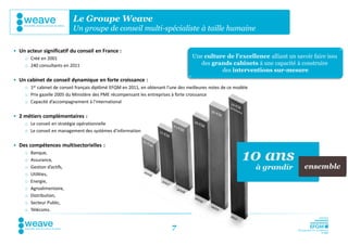 Le Groupe Weave
                             Un groupe de conseil multi-spécialiste à taille humaine

• Un acteur significatif du conseil en France :
     o Créé en 2001                                                                  Une culture de l’excellence alliant un savoir faire issu
     o 240 consultants en 2011                                                          des grands cabinets à une capacité à construire
                                                                                               des interventions sur-mesure
• Un cabinet de conseil dynamique en forte croissance :
     o 1er cabinet de conseil français diplômé EFQM en 2011, en obtenant l’une des meilleures notes de ce modèle
     o Prix gazelle 2005 du Ministère des PME récompensant les entreprises à forte croissance
     o Capacité d’accompagnement à l’international

• 2 métiers complémentaires :
     o Le conseil en stratégie opérationnelle
     o Le conseil en management des systèmes d’information

• Des compétences multisectorielles :
     o   Banque,
     o   Assurance,
     o   Gestion d’actifs,
     o   Utilities,
     o   Energie,
     o   Agroalimentaire,
     o   Distribution,
     o   Secteur Public,
     o   Télécoms.


                                                                           7
 