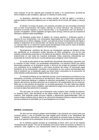 otras verduras. Si se fríe, absorbe gran cantidad de aceite y, en consecuencia, aumenta de
forma notable su valor energético, algo que no interesa en estos casos.

        La berenjena, elaborada de una manera sencilla, es fácil de digerir y conviene a
quienes padecen trastornos digestivos por su estimulación de la función del hígado y vesícula
biliar.

       El alcohol, el exceso de grasa y de proteínas animales son las principales amenazas
para el buen funcionamiento del hígado, además de ciertos fármacos. Hay alimentos que
favorecen la función hepática y de la vesícula biliar, o su recuperación tras una afección, y
ayudan a la digestión. Ciertos vegetales con ligero sabor amargo, entre los que se encuentra la
berenjena, atesoran estas propiedades.

          La berenjena puede llevar el adjetivo de verdura aperitiva y tonificante gracias a
algunos de sus componentes. Los compuestos responsables de su ligero sabor amargo son
reconocidos por su efecto colagogo, es decir, que estimula el buen funcionamiento del hígado y
facilita el vaciamiento de la vesícula biliar, de manera que favorece la digestión de las grasas.
La vesícula biliar es un reservorio donde queda almacenada la bilis que se vierte al duodeno
cuando llegan las grasas de la digestión de los alimentos.

       Recientemente, científicos del Servicio de Investigación Agrícola de Estados Unidos
han identificado en la berenjena niveles elevados de ácido clorogénico, uno de los más
potentes antioxidantes producidos en los tejidos de las plantas. Éste fue el compuesto fenólico
predominante en casi todas las muestras analizadas. Estas sustancias antioxidantes son
producidas de manera natural por muchas plantas para protegerse contra infecciones.

        En la piel de esta planta se han identificado antocianinas (flavonoides), pigmentos que
le confieren el color morado, con propiedades antioxidantes. Los estudios indican que ciertos
flavonoides presentes en la berenjena ayudan a disminuir los niveles de colesterol mediante
una modulación de su metabolismo y una mayor excreción del mismo. El reconocido papel
benefactor de los antioxidantes, convierten a la berenjena en una verdura recomendada para
toda la población por el destacado papel que tienen estos compuestos en la prevención de
enfermedades cardiovasculares, degenerativas y del cáncer.

        En diversas hortalizas se han detectado aminas, como la serotonina y la tiramina en las
berenjenas y el tomate, y la histamina en las espinacas. Estos compuestos tienen capacidad de
provocar reacciones alérgicas o cefaleas en personas susceptibles, lo que hace pensar en la
relación del consumo de estos alimentos con la aparición o el mantenimiento de sus síntomas.
Dado que no hay estudios concluyentes, no se puede generalizar. Por ello, habrá que realizar
un exhaustivo examen clínico y dietético, para descartar el origen de los síntomas, con el fin de
no hacer la dieta más estricta de lo necesario.

        Por otra parte, se conoce que la berenjena cruda contiene cierta cantidad de solanina,
un alcaloide tóxico, más abundante en las partes verdes de la planta y en los frutos poco
maduros. Este alcaloide puede provocar migraña y alteraciones gastrointestinales. Esto no
supone ningún problema para la salud si se consume la berenjena madura y siempre cocinada,
ya que la sustancia es termolábil, por lo que desaparece con el calor.




BERROS, revitalizantes

       Se dice que los antiguos griegos recomendaban a las personas con pocas luces que
comieran berros, y que se pensaba que este vegetal ponía remedio a los ―desórdenes del
cerebro‖. Tonificante, estimulante y depurativo, esta planta de sinuosas hojas de intenso color
verde es el talismán de los estudiantes, de los convalecientes y de las personas desganadas.

        En la medicina popular europea se consideraba el berro como una de los mejores
―limpiadores de la sangre‖. Por eso se empleaba como tónico frente a la anemia, la astenia y el
cansancio. Este vegetal es una impresionante fuente de nutrientes revitalizantes, como la

                                               17
 
