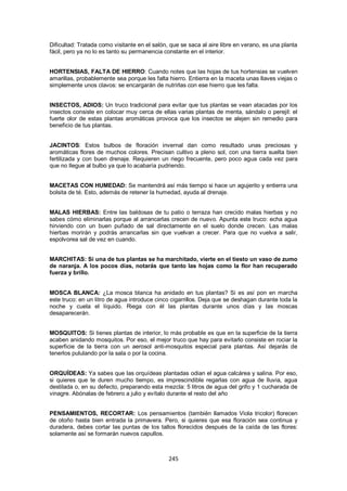 Dificultad: Tratada como visitante en el salón, que se saca al aire libre en verano, es una planta
fácil, pero ya no lo es tanto su permanencia constante en el interior.


HORTENSIAS, FALTA DE HIERRO: Cuando notes que las hojas de tus hortensias se vuelven
amarillas, probablemente sea porque les falta hierro. Entierra en la maceta unas llaves viejas o
simplemente unos clavos: se encargarán de nutrirlas con ese hierro que les falta.


INSECTOS, ADIOS: Un truco tradicional para evitar que tus plantas se vean atacadas por los
insectos consiste en colocar muy cerca de ellas varias plantas de menta, sándalo o perejil: el
fuerte olor de estas plantas aromáticas provoca que los insectos se alejen sin remedio para
beneficio de tus plantas.


JACINTOS: Estos bulbos de floración invernal dan como resultado unas preciosas y
aromáticas flores de muchos colores. Precisan cultivo a pleno sol, con una tierra suelta bien
fertilizada y con buen drenaje. Requieren un riego frecuente, pero poco agua cada vez para
que no llegue al bulbo ya que lo acabaría pudriendo.


MACETAS CON HUMEDAD: Se mantendrá así más tiempo si hace un agujerito y entierra una
bolsita de té. Esto, además de retener la humedad, ayuda al drenaje.


MALAS HIERBAS: Entre las baldosas de tu patio o terraza han crecido malas hierbas y no
sabes cómo eliminarlas porque al arrancarlas crecen de nuevo. Apunta este truco: echa agua
hirviendo con un buen puñado de sal directamente en el suelo donde crecen. Las malas
hierbas morirán y podrás arrancarlas sin que vuelvan a crecer. Para que no vuelva a salir,
espolvorea sal de vez en cuando.


MARCHITAS: Si una de tus plantas se ha marchitado, vierte en el tiesto un vaso de zumo
de naranja. A los pocos días, notarás que tanto las hojas como la flor han recuperado
fuerza y brillo.


MOSCA BLANCA: ¿La mosca blanca ha anidado en tus plantas? Si es así pon en marcha
este truco: en un litro de agua introduce cinco cigarrillos. Deja que se deshagan durante toda la
noche y cuela el líquido. Riega con él las plantas durante unos días y las moscas
desaparecerán.


MOSQUITOS: Si tienes plantas de interior, lo más probable es que en la superficie de la tierra
acaben anidando mosquitos. Por eso, el mejor truco que hay para evitarlo consiste en rociar la
superficie de la tierra con un aerosol anti-mosquitos especial para plantas. Así dejarás de
tenerlos pululando por la sala o por la cocina.


ORQUÍDEAS: Ya sabes que las orquídeas plantadas odian el agua calcárea y salina. Por eso,
si quieres que te duren mucho tiempo, es imprescindible regarlas con agua de lluvia, agua
destilada o, en su defecto, preparando esta mezcla: 5 litros de agua del grifo y 1 cucharada de
vinagre. Abónalas de febrero a julio y evítalo durante el resto del año


PENSAMIENTOS, RECORTAR: Los pensamientos (también llamados Viola tricolor) florecen
de otoño hasta bien entrada la primavera. Pero, si quieres que esa floración sea continua y
duradera, debes cortar las puntas de los tallos florecidos después de la caída de las flores:
solamente así se formarán nuevos capullos.



                                               245
 