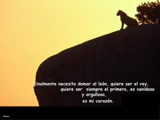 Finalmente necesito domar al león, quiere ser el rey,  quiere ser  siempre el primero, es vanidoso y orgulloso,  es mi corazón. 