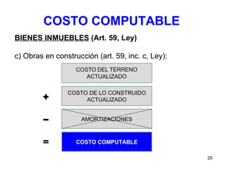 COSTO COMPUTABLE BIENES INMUEBLES  (Art. 59, Ley) c) Obras en construcción (art. 59, inc. c, Ley): COSTO DE LO CONSTRUIDO ACTUALIZADO COSTO COMPUTABLE AMORTIZACIONES 