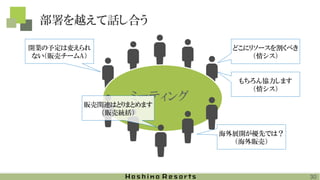 ミーティング
部署を越えて話し合う
どこにリソースを割くべき
（情シス）
開業の予定は変えられ
ない（販売チームA）
海外展開が優先では？
（海外販売）
販売関連はとりまとめます
（販売統括）
もちろん協力します
（情シス）
30
 