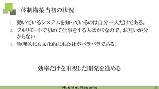 体制構築当初の状況
1. 動いているシステムを知っているのは自分一人だけである。
2. フルリモートで初めて仕事をする人ばかりなので、お互いが分
からない
3. 物理的にも文化的にも会社がバラバラである。
38
効率だけを重視した開発を進める
 