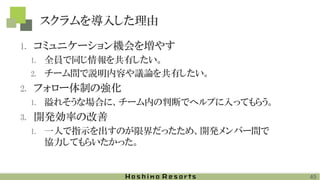 スクラムを導入した理由
1. コミュニケーション機会を増やす
1. 全員で同じ情報を共有したい。
2. チーム間で説明内容や議論を共有したい。
2. フォロー体制の強化
1. 溢れそうな場合に、チーム内の判断でヘルプに入ってもらう。
3. 開発効率の改善
1. 一人で指示を出すのが限界だったため、開発メンバー間で
協力してもらいたかった。
45
 