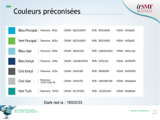 Couleurs préconisées

Dark red is : 165/0/33
Vers l’harmonie des Services
26 nov. 2013 – Cœur Défense 92

Titre de la présentation

12

 
