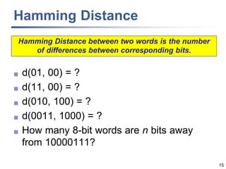 15
Hamming Distance
 d(01, 00) = ?
 d(11, 00) = ?
 d(010, 100) = ?
 d(0011, 1000) = ?
 How many 8-bit words are n bits away
from 10000111?
Hamming Distance between two words is the number
of differences between corresponding bits.
 